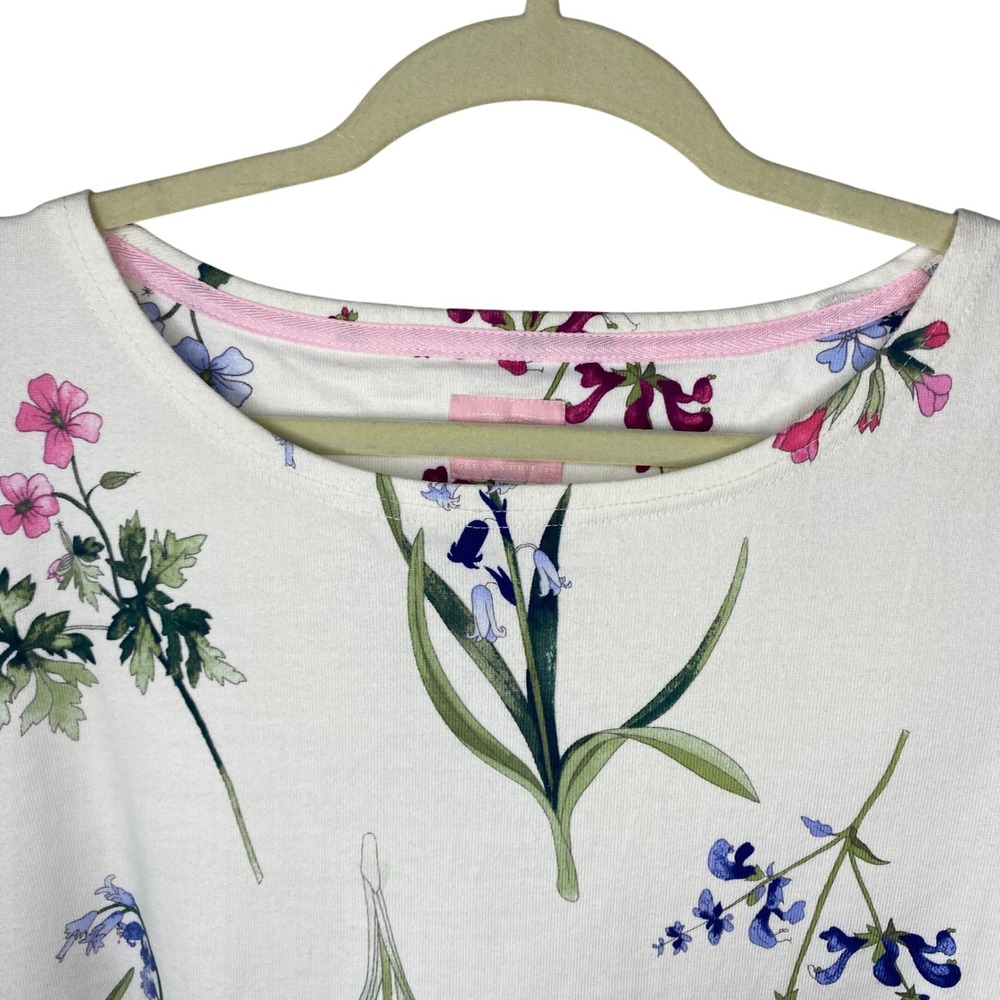 Joules Women White Floral Botanical Bluebell Cotton Top US 14 UK 18 3/4 Sleeve - Picture 4 of 12